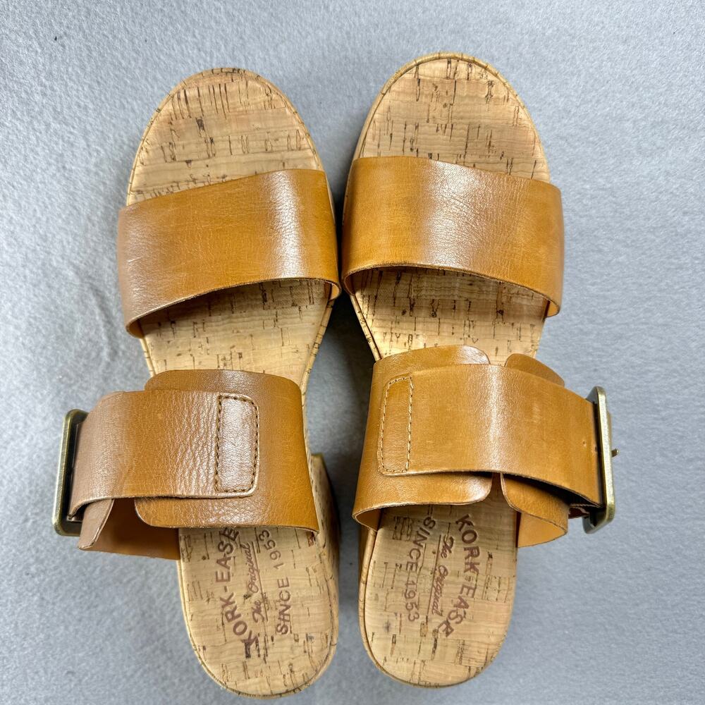 Kork Ease tan leather platform slip ons - sandals heels cork sole buckle size 9M - Picture 2 of 9